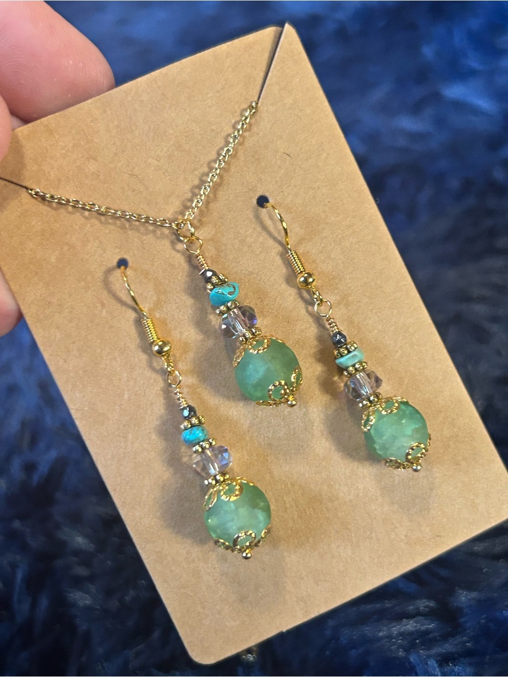 Handcrafted green crackle glass crystal turquoise chip necklace and earring set